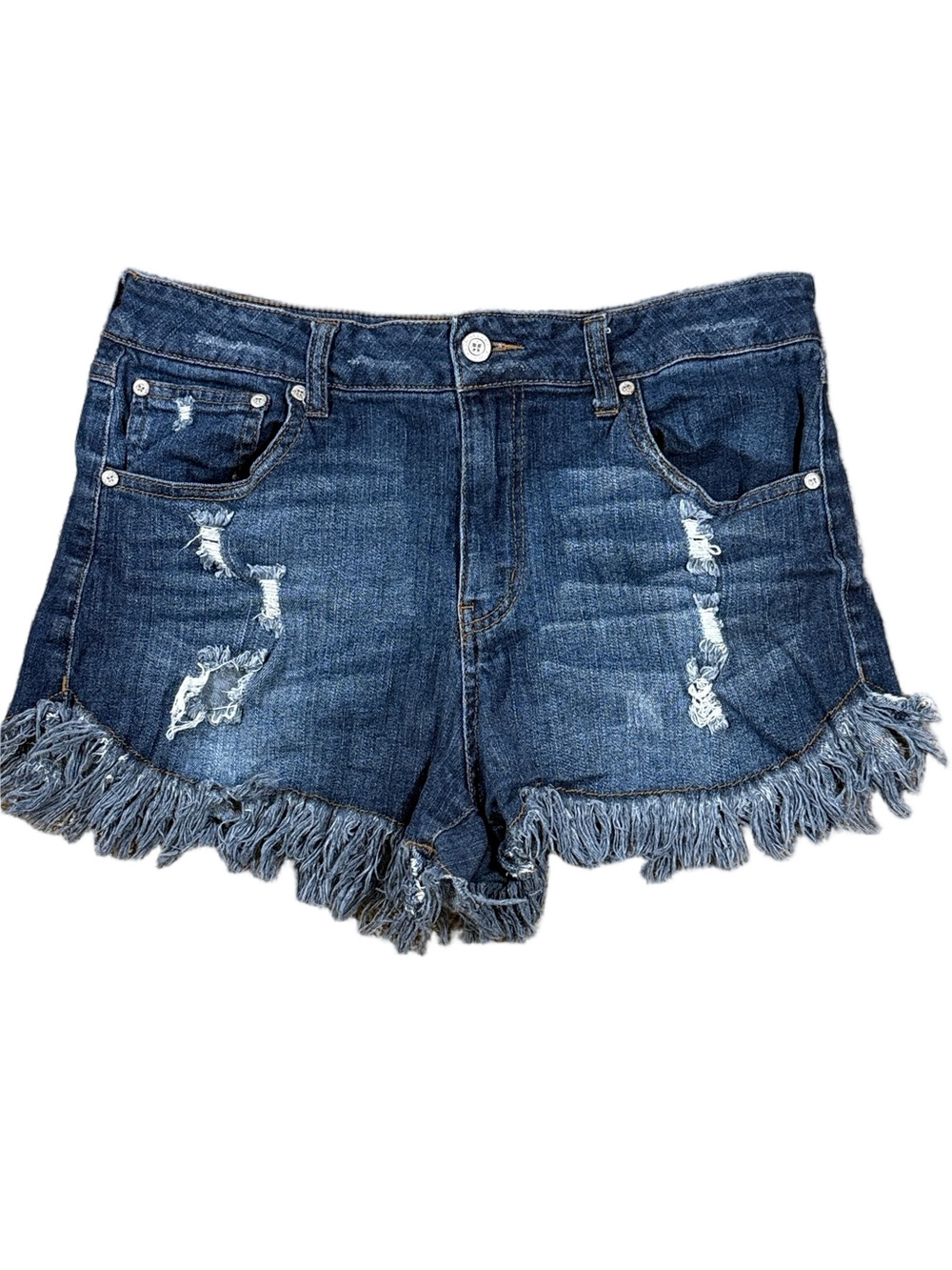 Altar'd State Dark Blue Distressed Fringe Hem Denim Shorts SKU1538